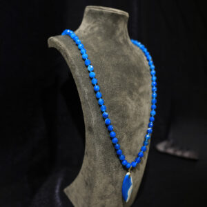 8mm Mavi Faset Kesim Akik Uzun Düğümlü Kolye