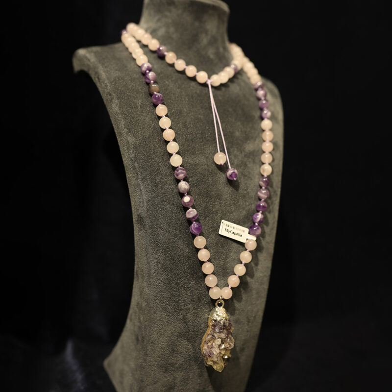 4KOL003 - 8mm Ametist ve Pembe Kuvars Taşlı 9'lu Mala Kolye (2)